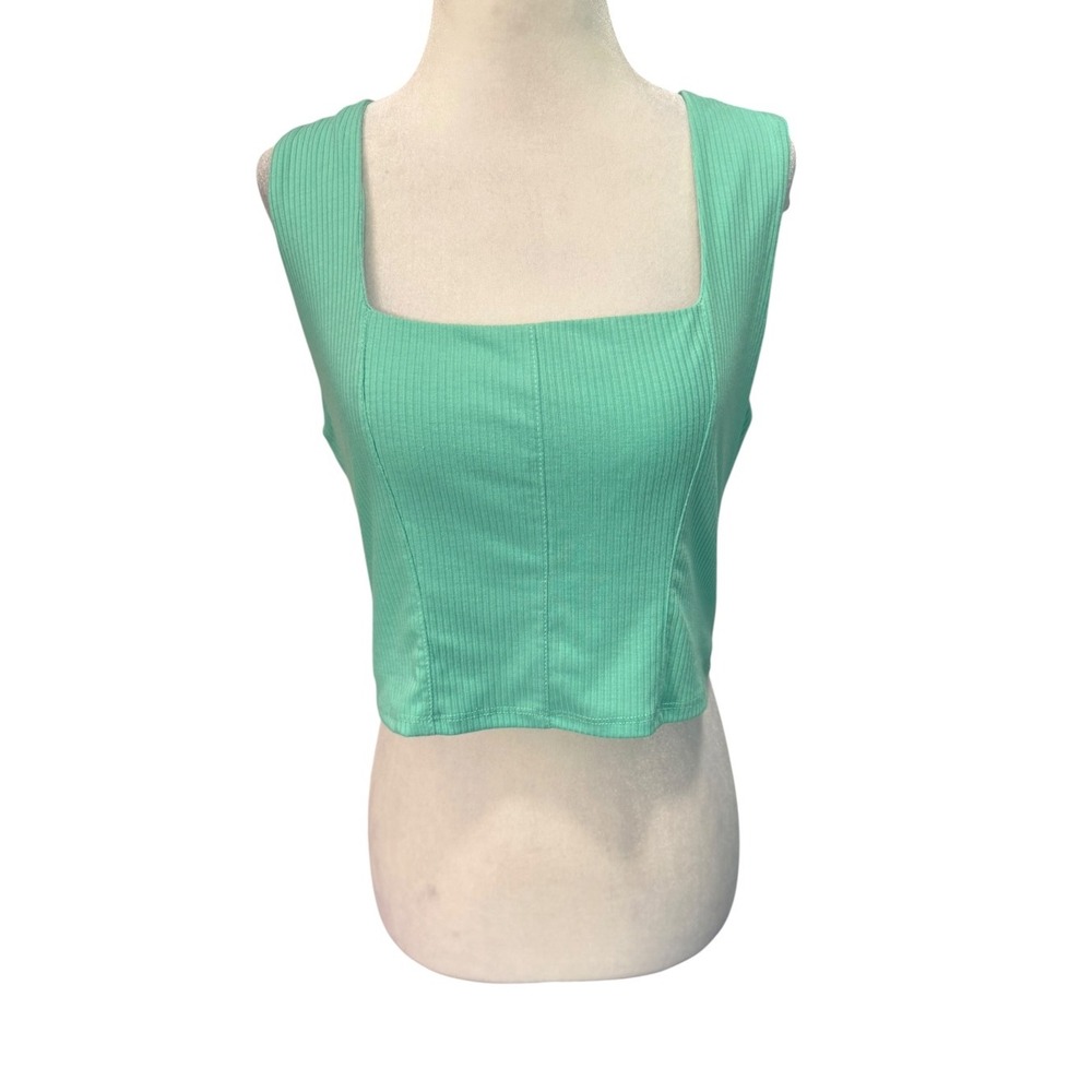 AFRM Los Angeles Mint Green Ribbed Square Neck Corset Crop Top NWT Size L
